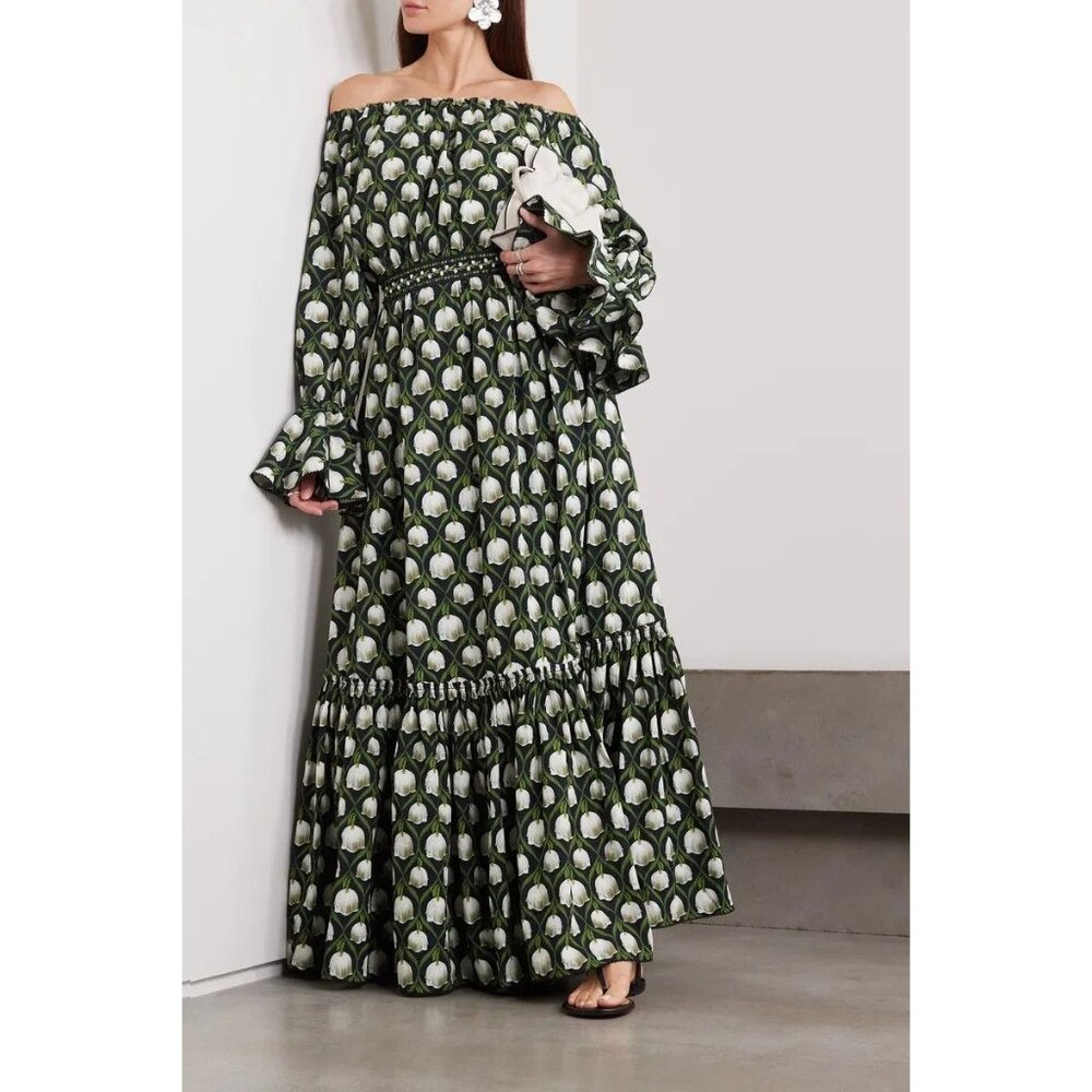 Agua by Agua Bendita Off-Shoulder Green and White Floral Maxi Dress